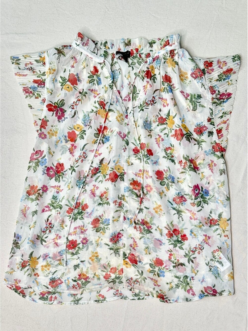 Current Air Anthropologie Floral Ruffle Blouse M Metallic Pleated Sleeve